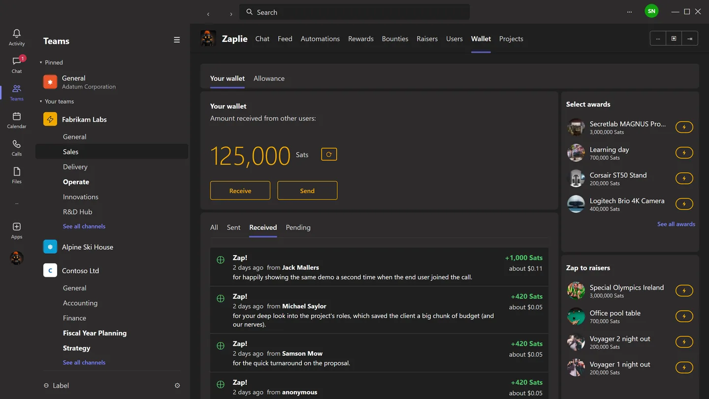 The Wallet tab: balance, receive and send buttons, and zaps received.
