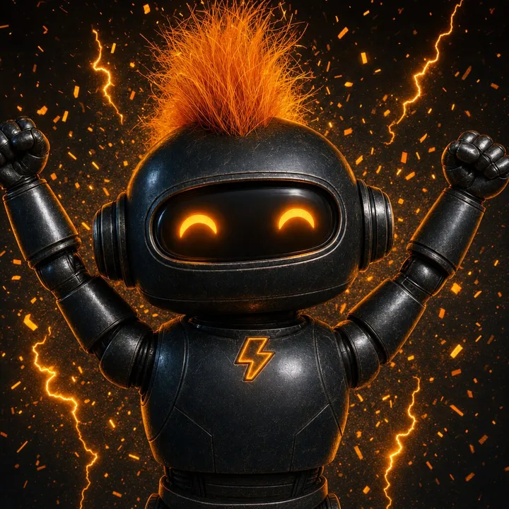 Zaplie with both arms raised in a shower of orange sparks.
