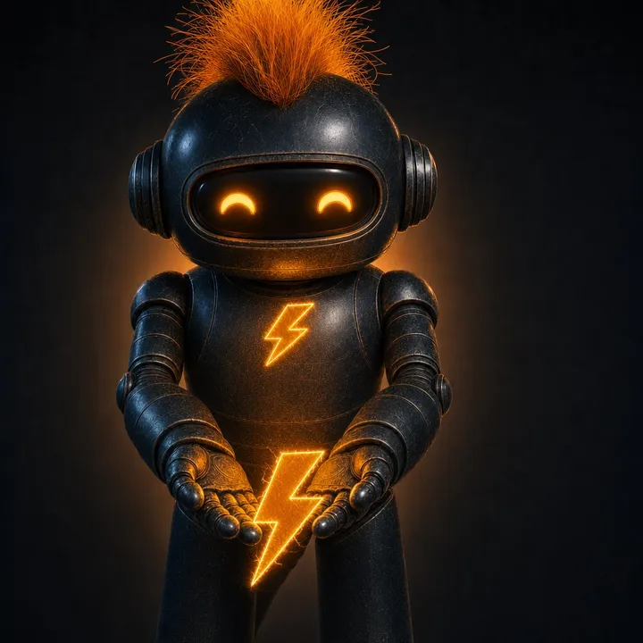 Zaplie holding out a glowing orange lightning bolt in both hands.